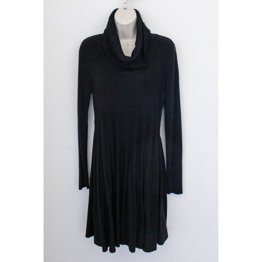 Calvin Klein Sweater Dress Large Black Ribbed Knit Cowl Neck Fit Flare Pullover
